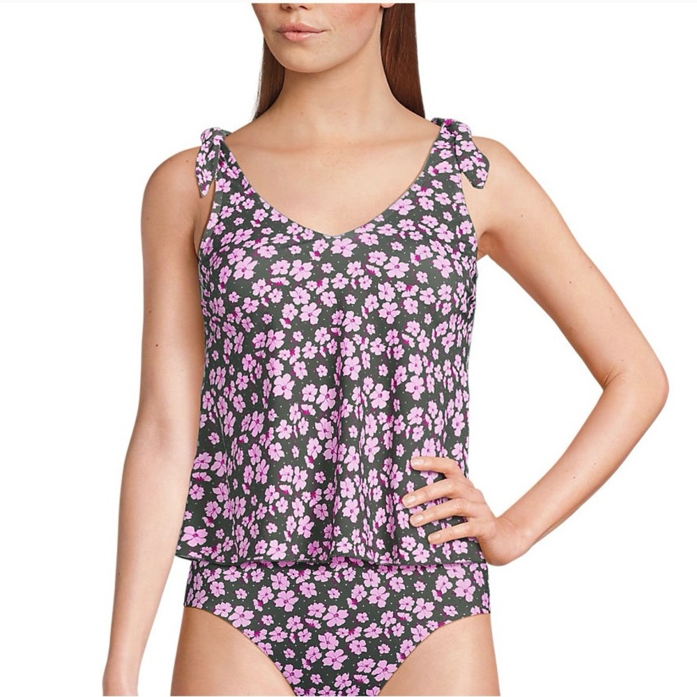 Lands' End Tie Shoulder Ribbed Flutter Tankini Top Pink Floral